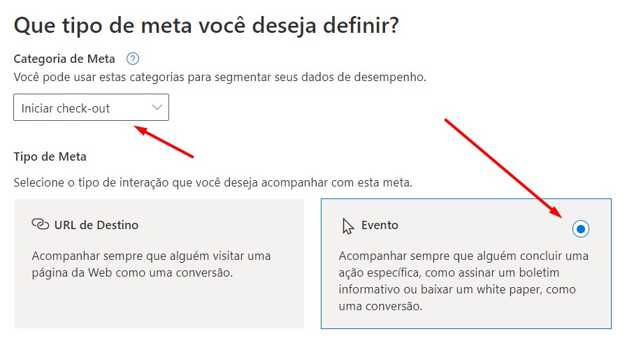 tipo de meta de conversão no bing ads