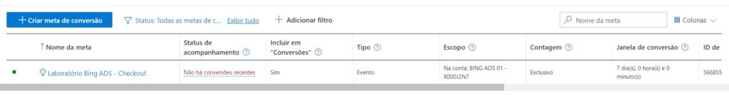 tela de metas de conversão do bing ads