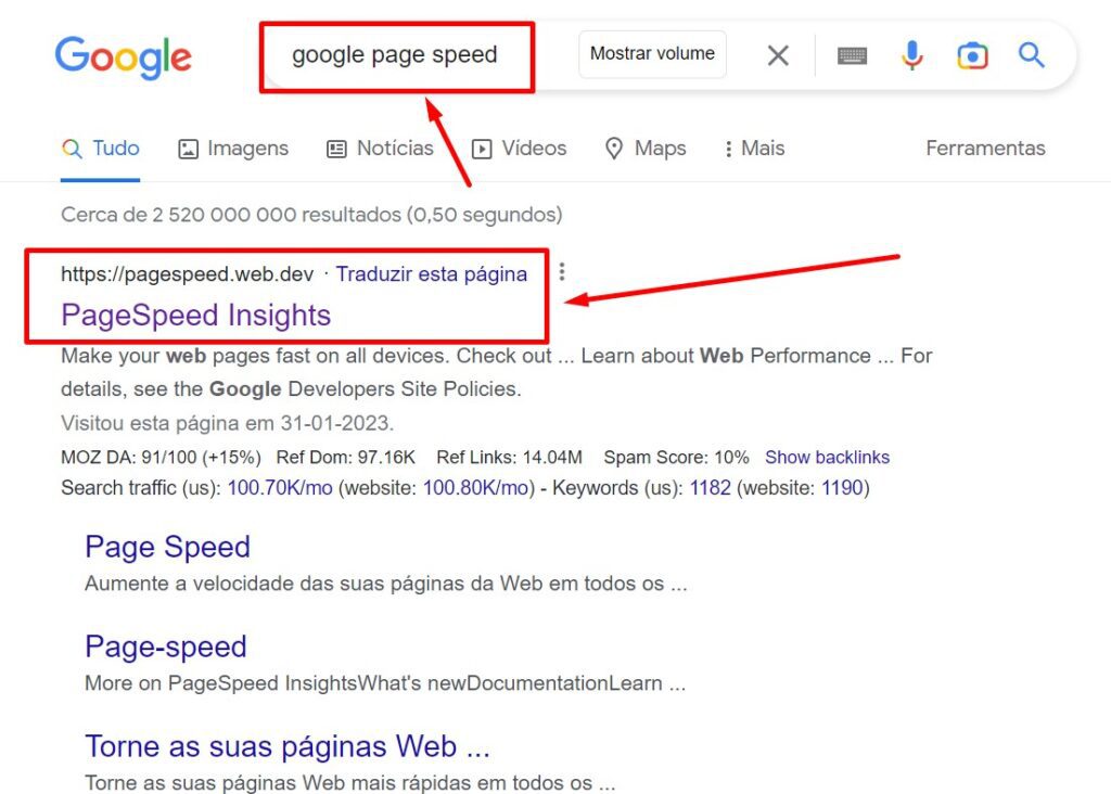 busca por google page speed